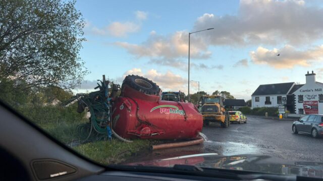 Slurry tanker overturns on roundabout after collision in Co. Armagh